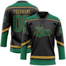 Laden Sie das Bild in den Galerie-Viewer, Custom Black Kelly Green-Old Gold Hockey Lace Neck Jersey
