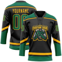 Load image into Gallery viewer, Custom Black Kelly Green-Gold Hockey Lace Neck Jersey
