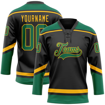 Custom Black Kelly Green-Gold Hockey Lace Neck Jersey