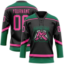 Laden Sie das Bild in den Galerie-Viewer, Custom Black Pink-Kelly Green Hockey Lace Neck Jersey
