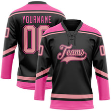 Laden Sie das Bild in den Galerie-Viewer, Custom Black Medium Pink-Pink Hockey Lace Neck Jersey
