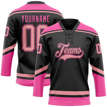 Custom Black Medium Pink-Pink Hockey Lace Neck Jersey