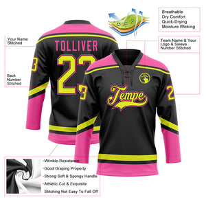 Custom Black Neon Yellow-Pink Hockey Lace Neck Jersey