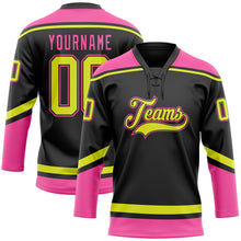 Laden Sie das Bild in den Galerie-Viewer, Custom Black Neon Yellow-Pink Hockey Lace Neck Jersey
