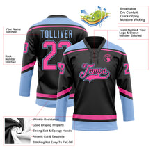 Laden Sie das Bild in den Galerie-Viewer, Custom Black Pink-Light Blue Hockey Lace Neck Jersey

