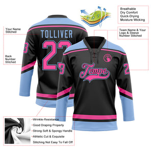 Custom Black Pink-Light Blue Hockey Lace Neck Jersey