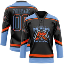 Laden Sie das Bild in den Galerie-Viewer, Custom Black Powder Blue-Orange Hockey Lace Neck Jersey
