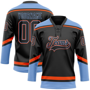 Custom Black Powder Blue-Orange Hockey Lace Neck Jersey