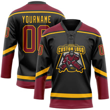 Load image into Gallery viewer, Custom Black Crimson-Gold Hockey Lace Neck Jersey
