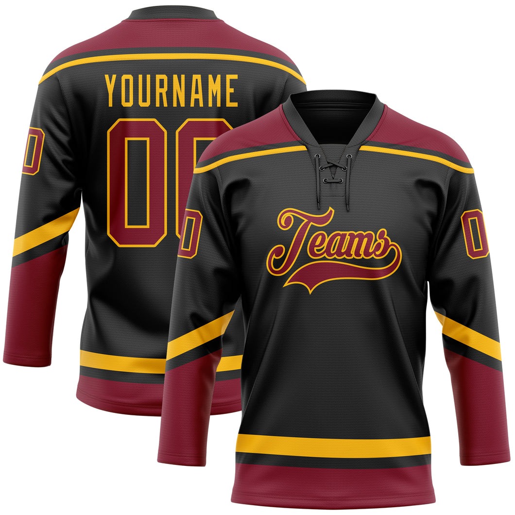 Custom Black Crimson-Gold Hockey Lace Neck Jersey