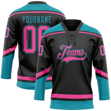 Laden Sie das Bild in den Galerie-Viewer, Custom Black Pink-Teal Hockey Lace Neck Jersey
