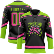 Загрузить изображение в средство просмотра галереи, Custom Black Pink-Neon Green Hockey Lace Neck Jersey
