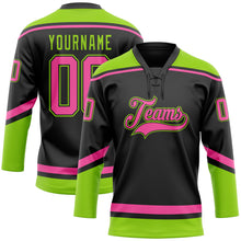 Загрузить изображение в средство просмотра галереи, Custom Black Pink-Neon Green Hockey Lace Neck Jersey
