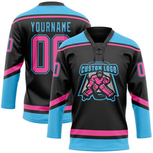 Laden Sie das Bild in den Galerie-Viewer, Custom Black Pink-Sky Blue Hockey Lace Neck Jersey

