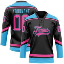 Load image into Gallery viewer, Custom Black Pink-Sky Blue Hockey Lace Neck Jersey
