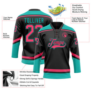 Custom Black Neon Pink-Aqua Hockey Lace Neck Jersey