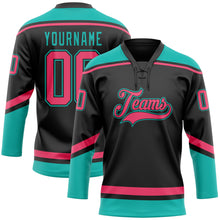 Laden Sie das Bild in den Galerie-Viewer, Custom Black Neon Pink-Aqua Hockey Lace Neck Jersey

