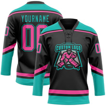 Laden Sie das Bild in den Galerie-Viewer, Custom Black Pink-Aqua Hockey Lace Neck Jersey
