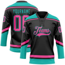 Laden Sie das Bild in den Galerie-Viewer, Custom Black Pink-Aqua Hockey Lace Neck Jersey

