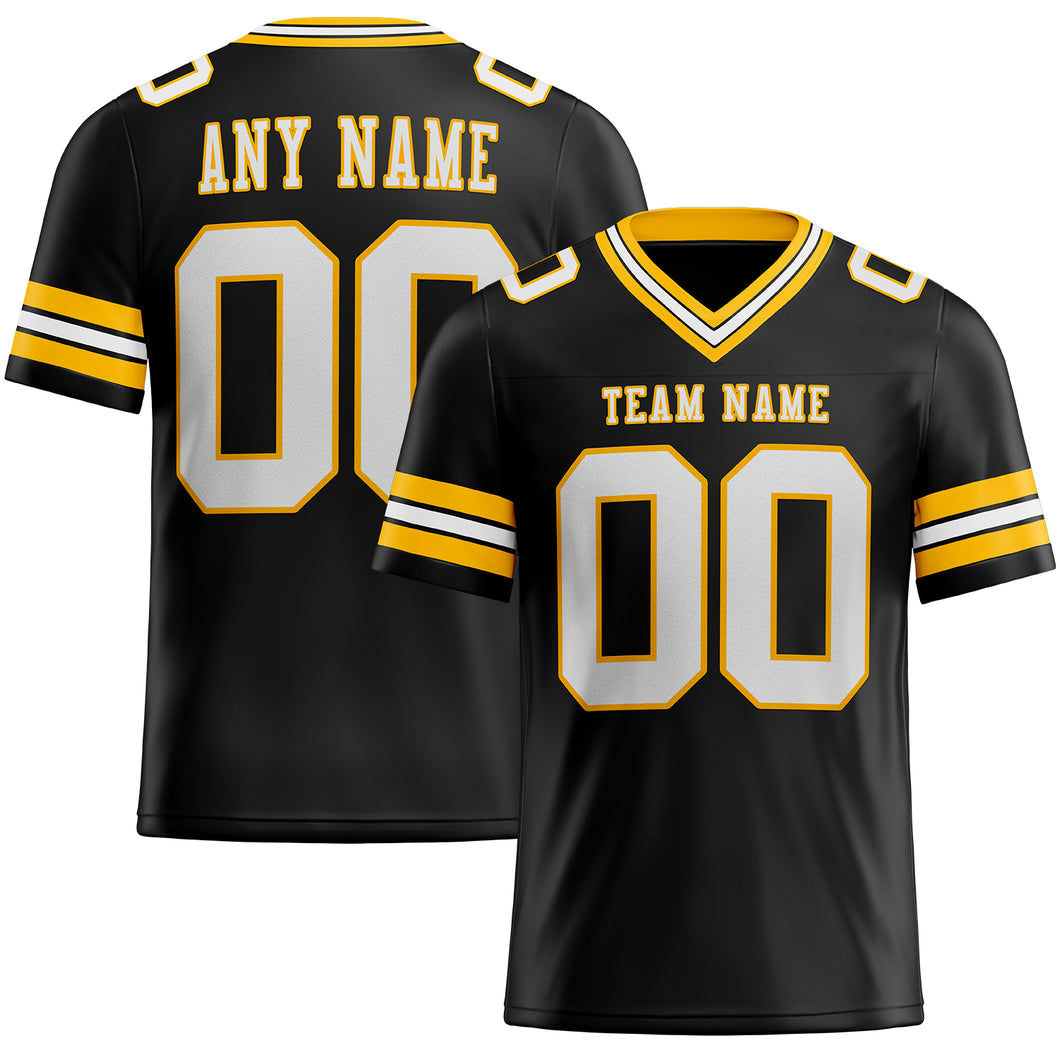 Custom Black White-Gold Mesh Authentic Football Jersey