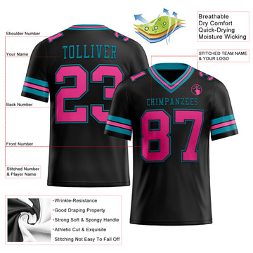 Custom Black Pink-Teal Mesh Authentic Football Jersey