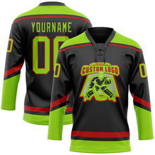 Laden Sie das Bild in den Galerie-Viewer, Custom Black Neon Green-Red Hockey Lace Neck Jersey
