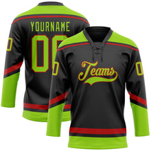 Laden Sie das Bild in den Galerie-Viewer, Custom Black Neon Green-Red Hockey Lace Neck Jersey
