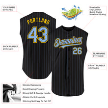 Laden Sie das Bild in den Galerie-Viewer, Custom Black Light Blue Pinstripe Yellow Authentic Sleeveless Baseball Jersey
