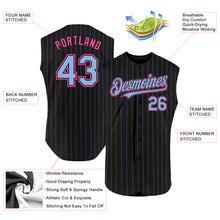 Laden Sie das Bild in den Galerie-Viewer, Custom Black Light Blue Pinstripe Pink Authentic Sleeveless Baseball Jersey
