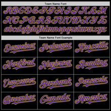 Laden Sie das Bild in den Galerie-Viewer, Custom Black Old Gold Pinstripe Purple Authentic Sleeveless Baseball Jersey
