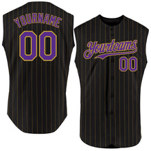 Laden Sie das Bild in den Galerie-Viewer, Custom Black Old Gold Pinstripe Purple Authentic Sleeveless Baseball Jersey
