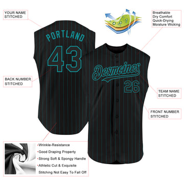 Custom Black Teal Pinstripe Teal Authentic Sleeveless Baseball Jersey