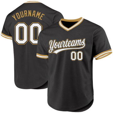 Custom Black White-Old Gold Authentic Throwback Baseball Jersey