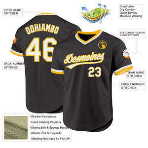 Custom Black White-Gold Authentic Throwback Baseball Jersey