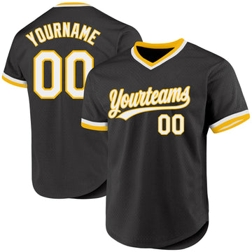 Custom Black White-Gold Authentic Throwback Baseball Jersey