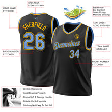 Load image into Gallery viewer, Custom Black Light Blue-Gold Authentic Throwback Basketball Jersey
