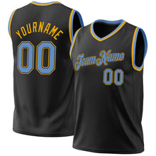 Load image into Gallery viewer, Custom Black Light Blue-Gold Authentic Throwback Basketball Jersey
