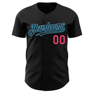 Custom Black Neon Pink-Sky Blue Authentic Baseball Jersey