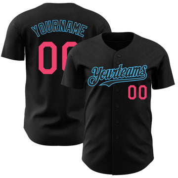 Custom Black Neon Pink-Sky Blue Authentic Baseball Jersey