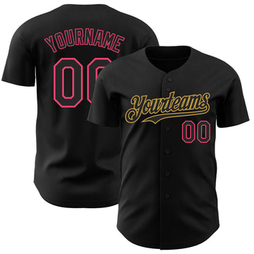Custom Black Neon Pink-Old Gold Authentic Baseball Jersey