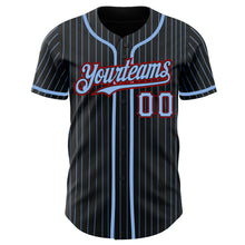 Laden Sie das Bild in den Galerie-Viewer, Custom Black Light Blue Pinstripe Red Authentic Baseball Jersey
