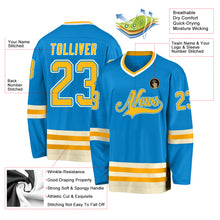 Laden Sie das Bild in den Galerie-Viewer, Custom Blue Gold-Cream Hockey Jersey
