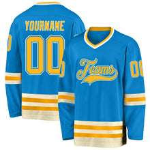 Laden Sie das Bild in den Galerie-Viewer, Custom Blue Gold-Cream Hockey Jersey

