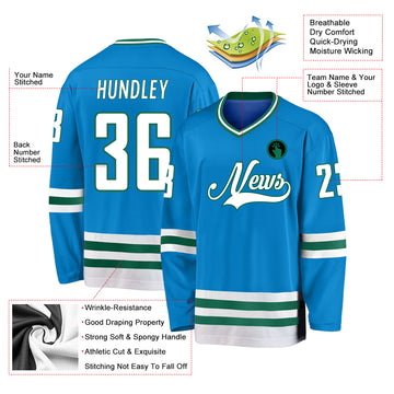 Custom Blue White-Kelly Green Hockey Jersey