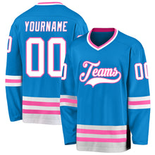 Laden Sie das Bild in den Galerie-Viewer, Custom Blue White-Pink Hockey Jersey

