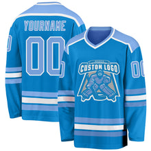 Laden Sie das Bild in den Galerie-Viewer, Custom Blue Light Blue-White Hockey Jersey
