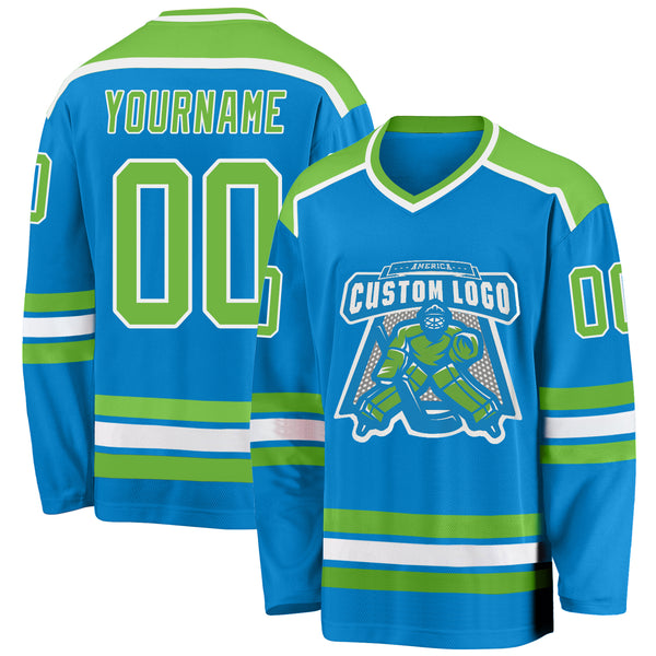 Custom Blue Neon Green-White Hockey Jersey Discount