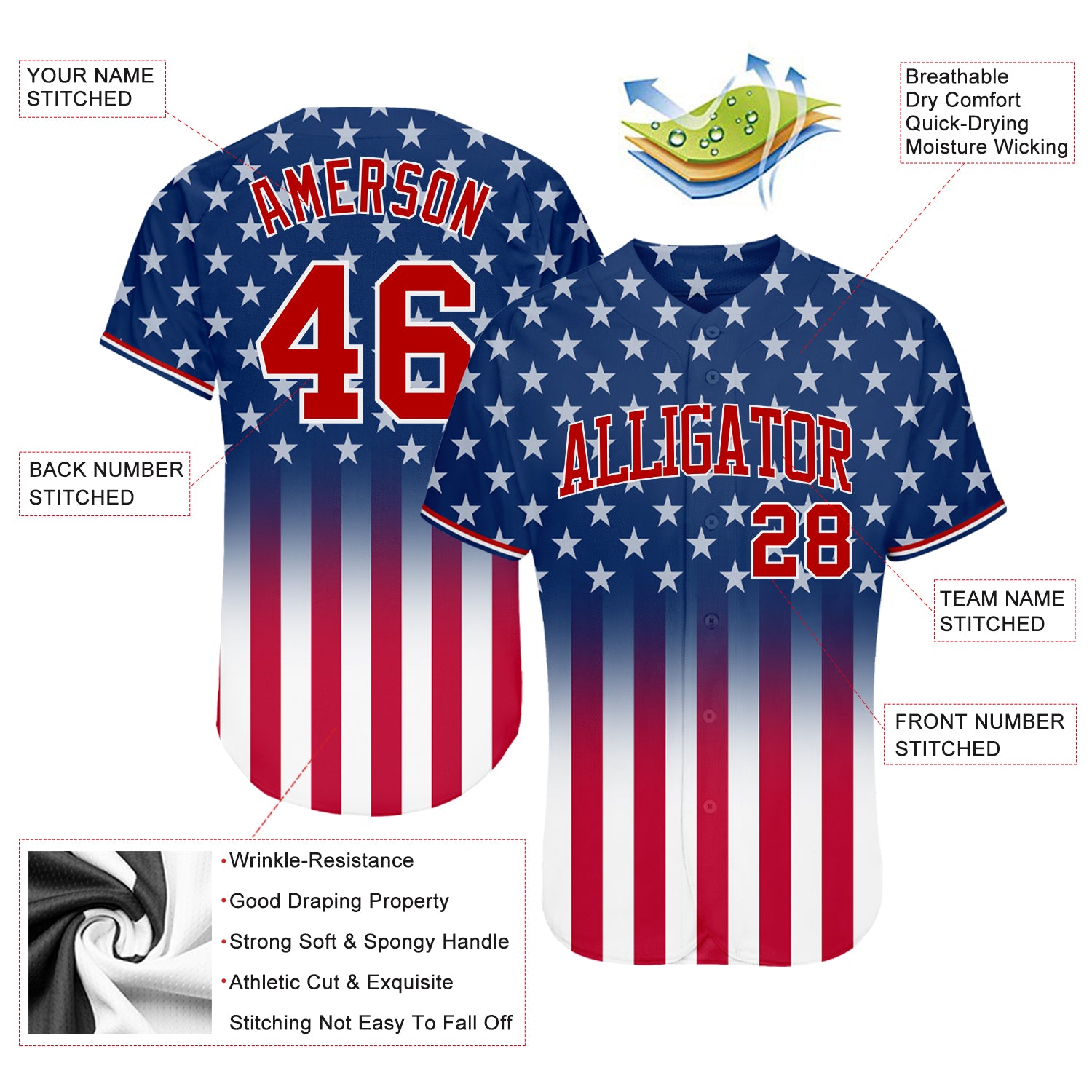 Blue Red White Patriotic Custom Two Button Baseball Jerseys | YoungSpeeds