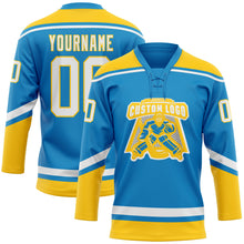 Load image into Gallery viewer, Custom Blue White-Yellow Hockey Lace Neck Jersey
