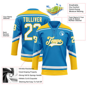 Custom Blue White-Yellow Hockey Lace Neck Jersey